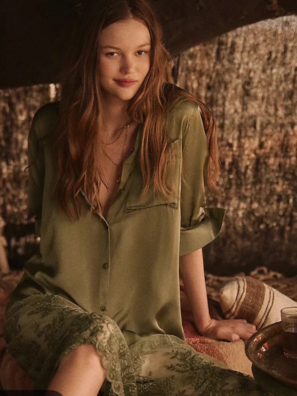 Anthropologie Lace Mix Twofer Satin Maxi Dress olive green satin button-down M - Picture 1 of 16